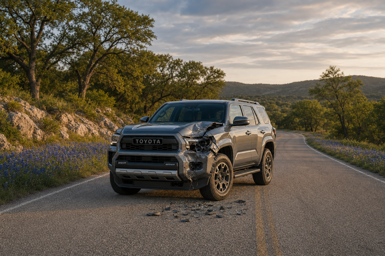 exec-fc1f2024-0d13-4c00-8ff6-aaf54345ac90 Silver Toyota SUV with front-end damage parked on a rural road, debris scattered on the pavement in warm sunset light.